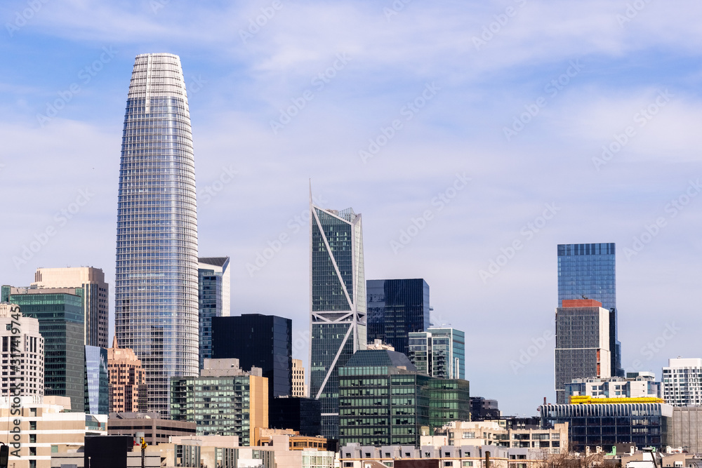 Urban skyline with tall residential and office buildings in South of Market district, San Francisco, California Urban skyline with tall residential and office buildings in South of Market district, San Francisco, California