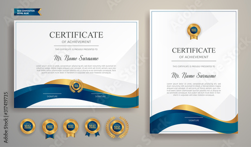 Premium gold and blue certificate of appreciation template, clean modern design with gold badge