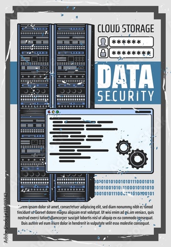 Data security and cloud storage, server login and password info. Vector digital service or app with data transferring. Computer server in datacenter, network, online diagnostics