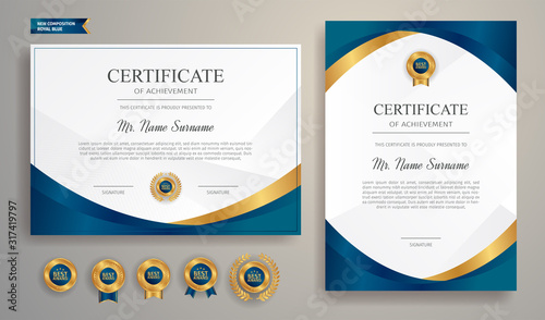 Premium gold and blue certificate of appreciation template, clean modern design with gold badge