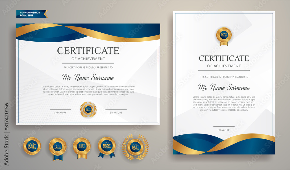 Fototapeta premium Blue and gold certificate of achievement template with gold badge and border