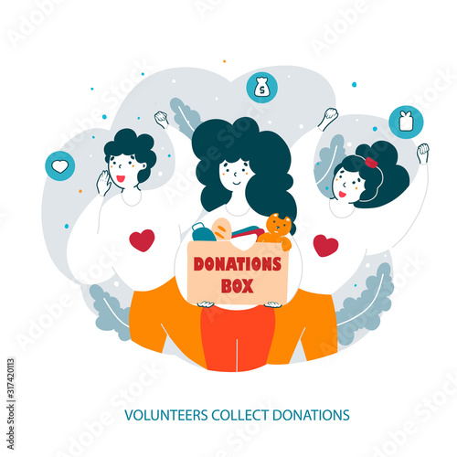 Volunteers team collect donations flat vector illustration
