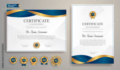 Blue and gold certificate of achievement template with gold badge and border
