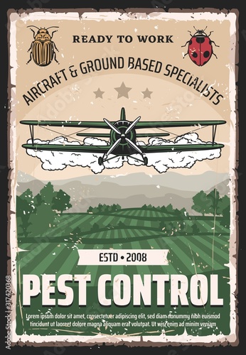Pest control, agricultural field retro crop duster biplane. Vector aircraft and ground based specialists on bugs, airplane spraying pesticides and herbicides on plants. Farming and insects controlling