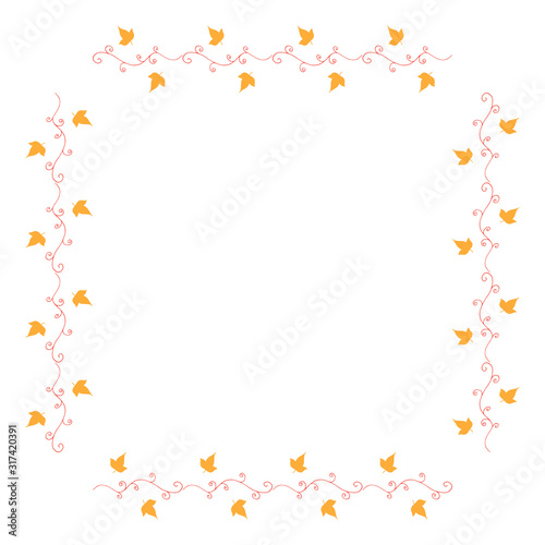 Square frame with horizontal red decorative elements and little yellow leaves on white background. Isolated wreath for your design.