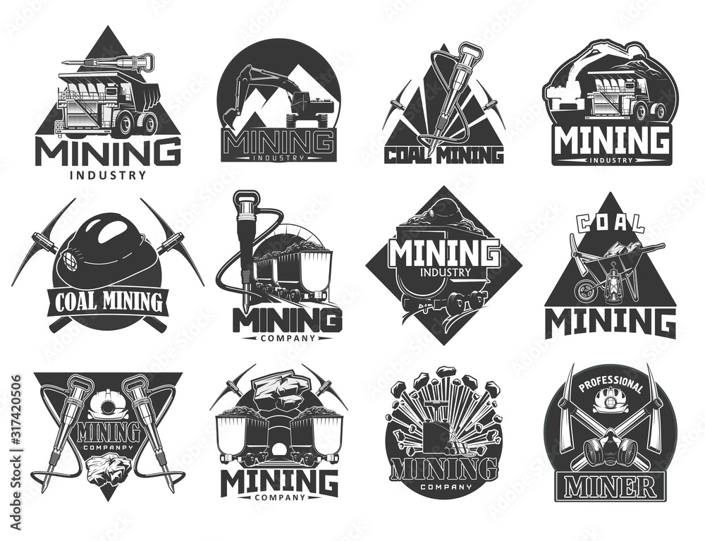 Coal mining industry, isolated vector monochrome icons. Miners equipment, coal extraction, work tools, wheelbarrow and crossed picks, carriage trolley with coal, helmet with light Coal mining industry, isolated vector monochrome icons. Miners equipment, coal extraction, work tools, wheelbarrow and crossed picks, carriage trolley with coal, helmet with light