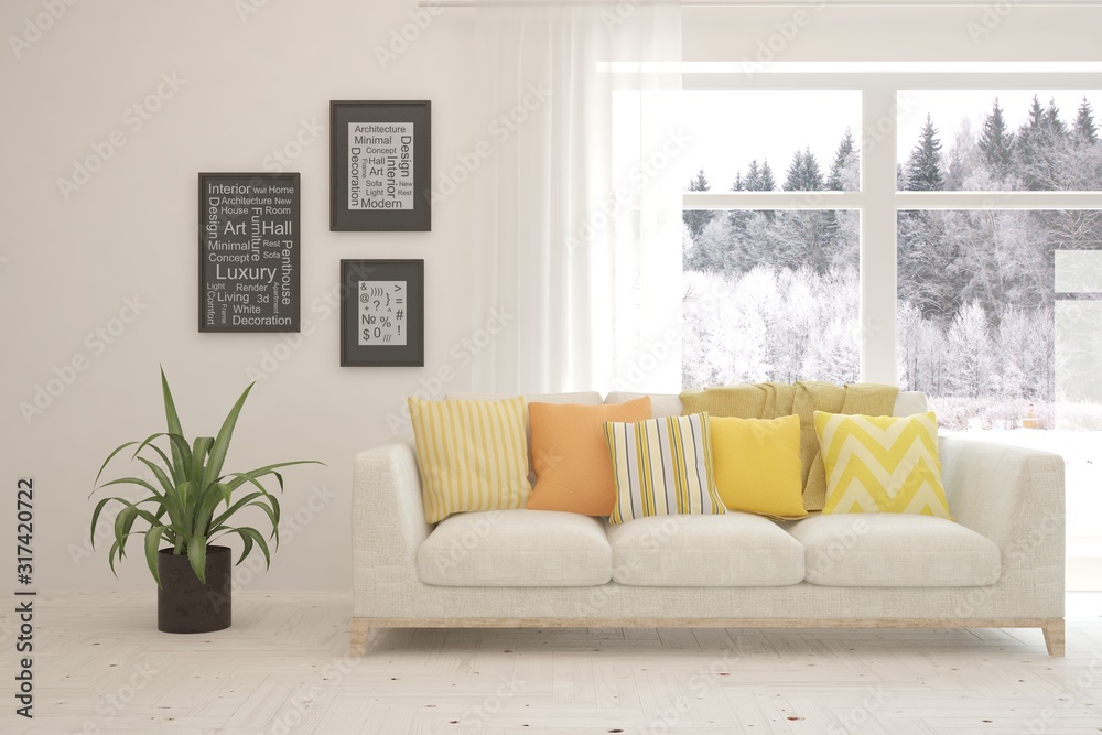 Stylish room in white color with sofa and winter landscape in window. Scandinavian interior design. 3D illustration