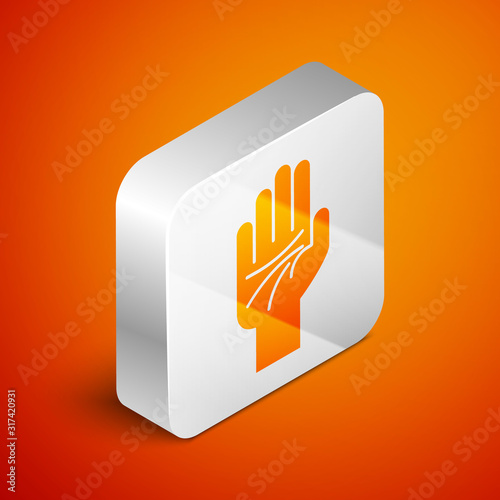 Isometric Palmistry of the hand icon isolated on orange background. Silver square button. Vector Illustration