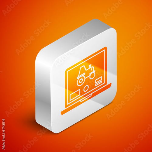 Isometric Laptop application for control a autonomous tractor on a smart farm icon isolated on orange background. Smart agriculture implement. Silver square button. Vector Illustration