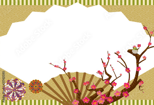 春のイメージの風景イラスト 紅梅とメジロのイラストと和風の扇子の背景素材 Stock Vector Adobe Stock