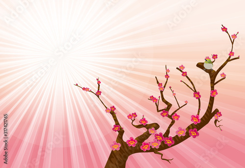 春のイメージの風景イラスト｜光あふれるピンクの背景と紅梅とメジロのイラスト