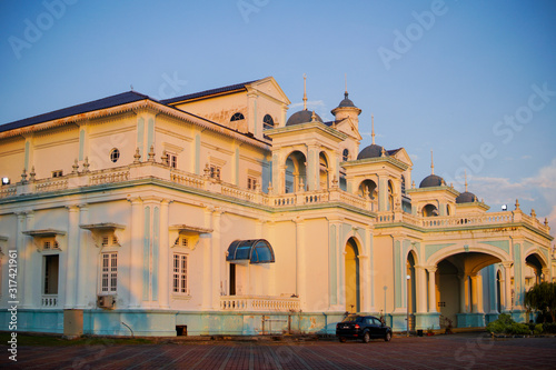 Landscape view of an old mosque at Muar, Johor during sunset