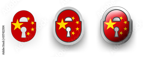 Set of 3 China vector labels - locked padlock, flat and volumetric style in flag colors red, yellow for flyer any holiday design or poster