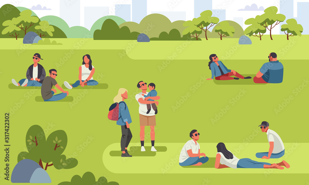 Fototapeta premium Various tiny people at park performing leisure outdoor activities. Cartoon colorful vector illustration