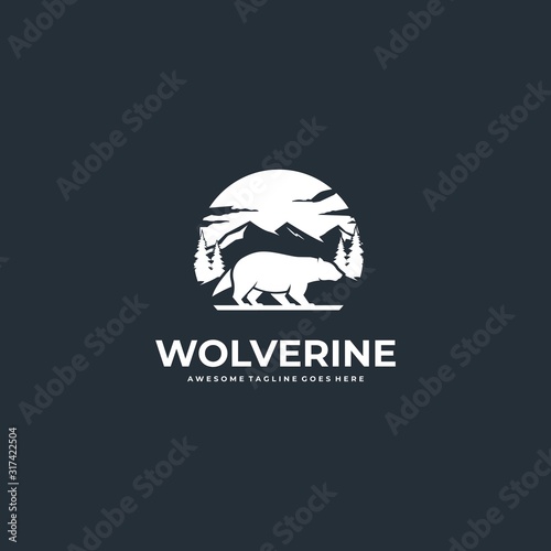 Vector Logo Illustration Wolverine Walk With Mountain Silhouette