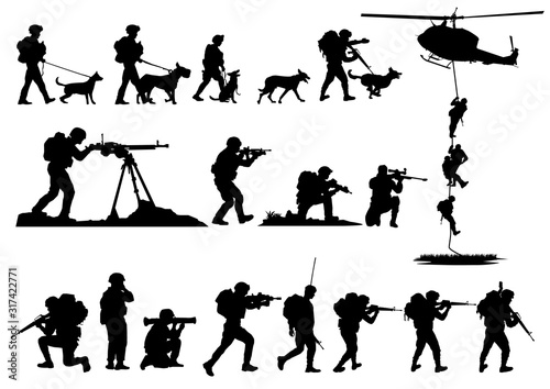 Set of military silhouettes, military vector illustration, Army soldiers,Military dog, Military silhouettes background.
