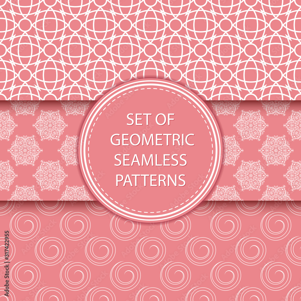 Naklejka premium Compilation of seamless patterns. Oriental ethnic white prints on pink background