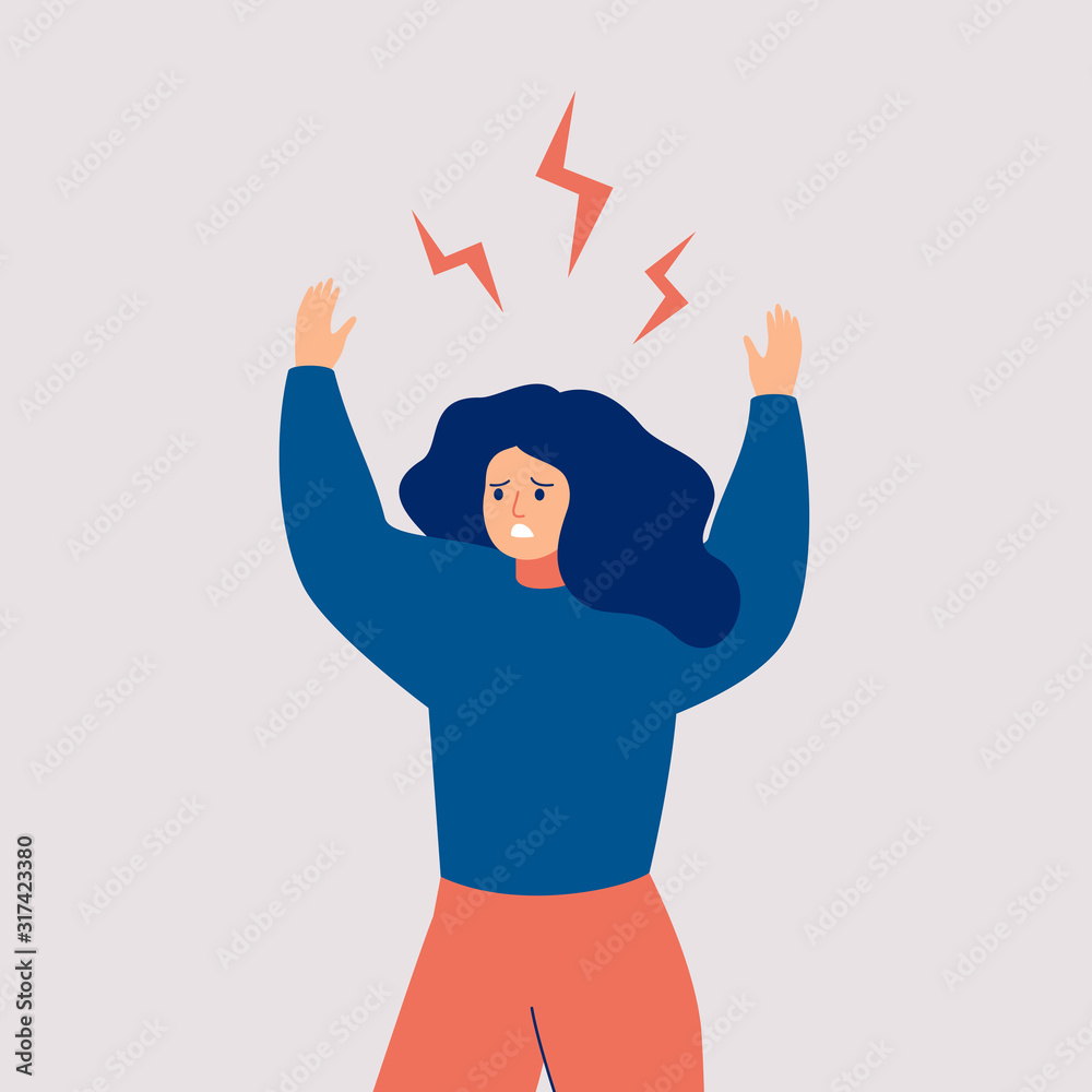 A young woman holds up her hands and screams in rage. Angry girl with flying lightnings over her head isolated on white background. Vector A young woman holds up her hands and screams in rage. Angry girl with flying lightnings over her head isolated on white background. Vector