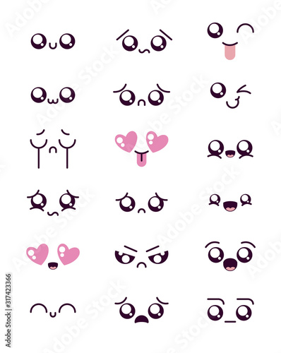 Isolated kawaii cartoon face icon set vector design