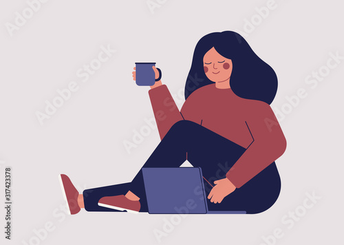 Freelancer female employee works in comfortable conditions at home. Teenage girl is using her laptop to communicate with friends in social media and search for information on the Internet. Vector
