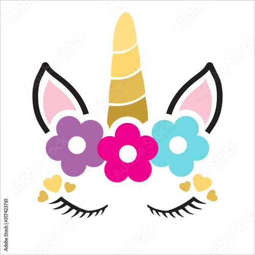 Happy unicorn face vector. Hand drawn style. Birthday decoration theme illustration. photo
