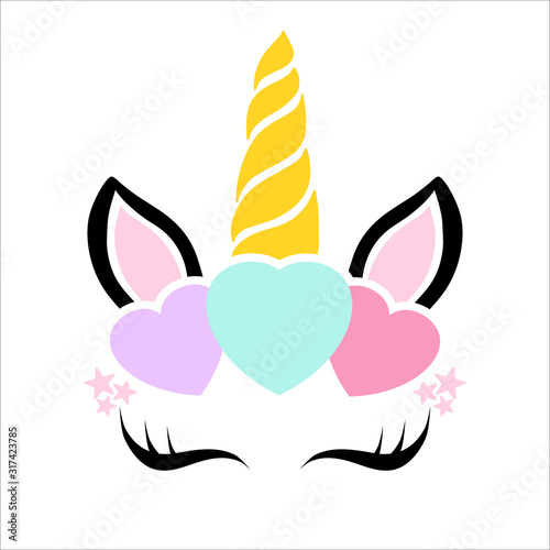 Happy unicorn face vector. Hand drawn style. Birthday decoration theme illustration.