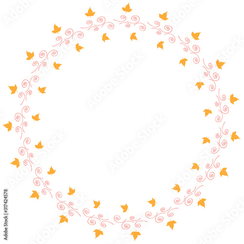 Round frame with horizontal little yellow leaves and decorative elements on white background. Isolated wreath for your design.