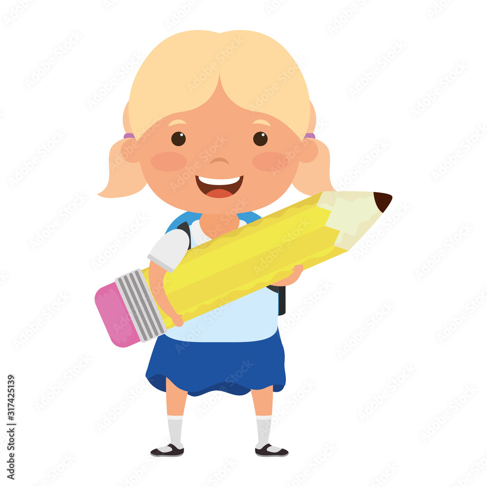 cute little student blond girl with pencil character