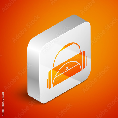 Isometric Sport bag icon isolated on orange background. Silver square button. Vector Illustration