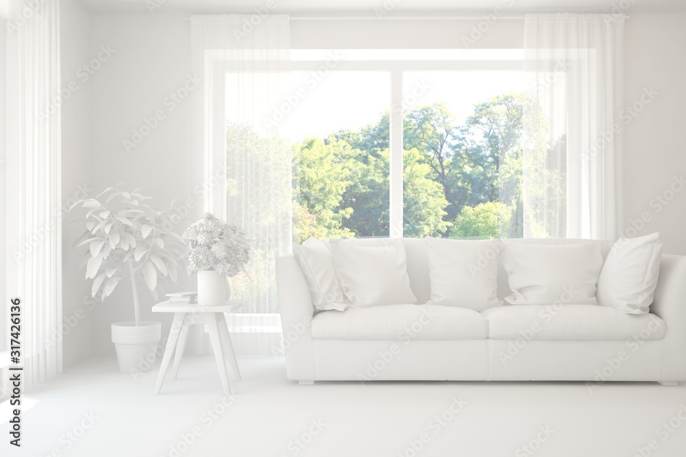 Mock up of stylish room in white color with sofa and green landscape in window. Scandinavian interior design. 3D illustration