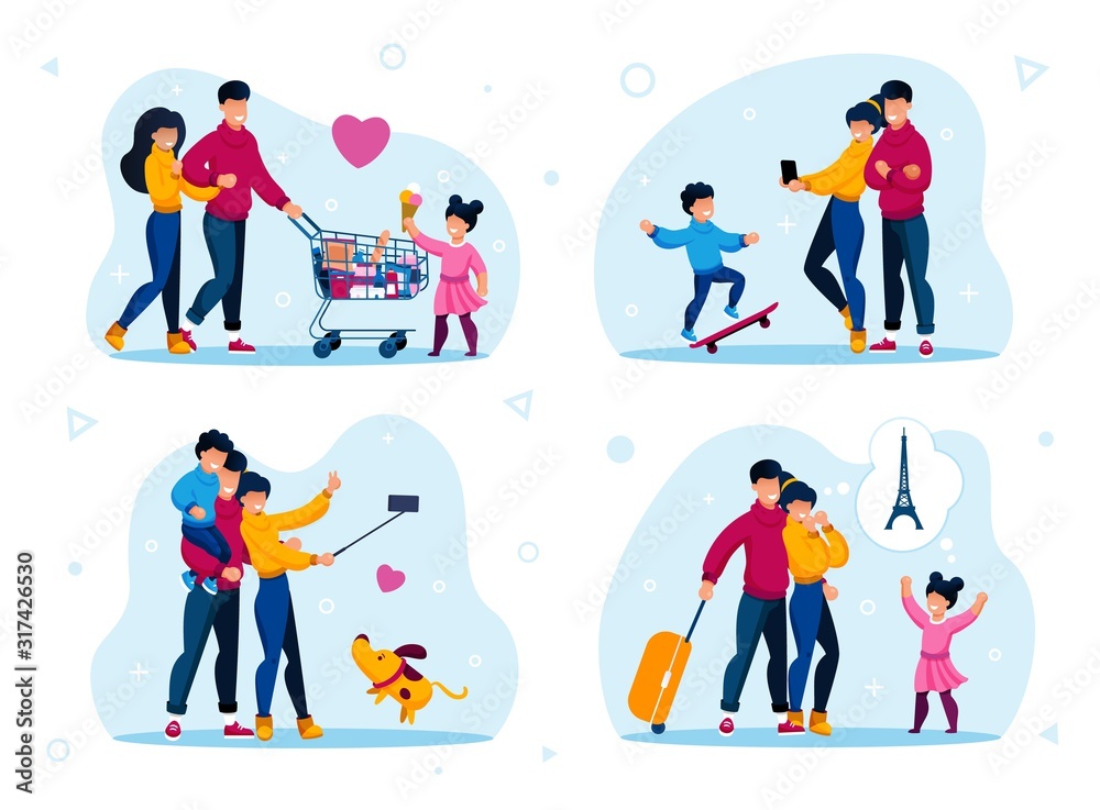 Family Life Routines and Recreation Trendy Flat Vector Concepts Set. Parents with Child Buying Groceries in Store, Shooting Selfie Photo with Phone, Going on Vacation Journey Isolated Illustrations