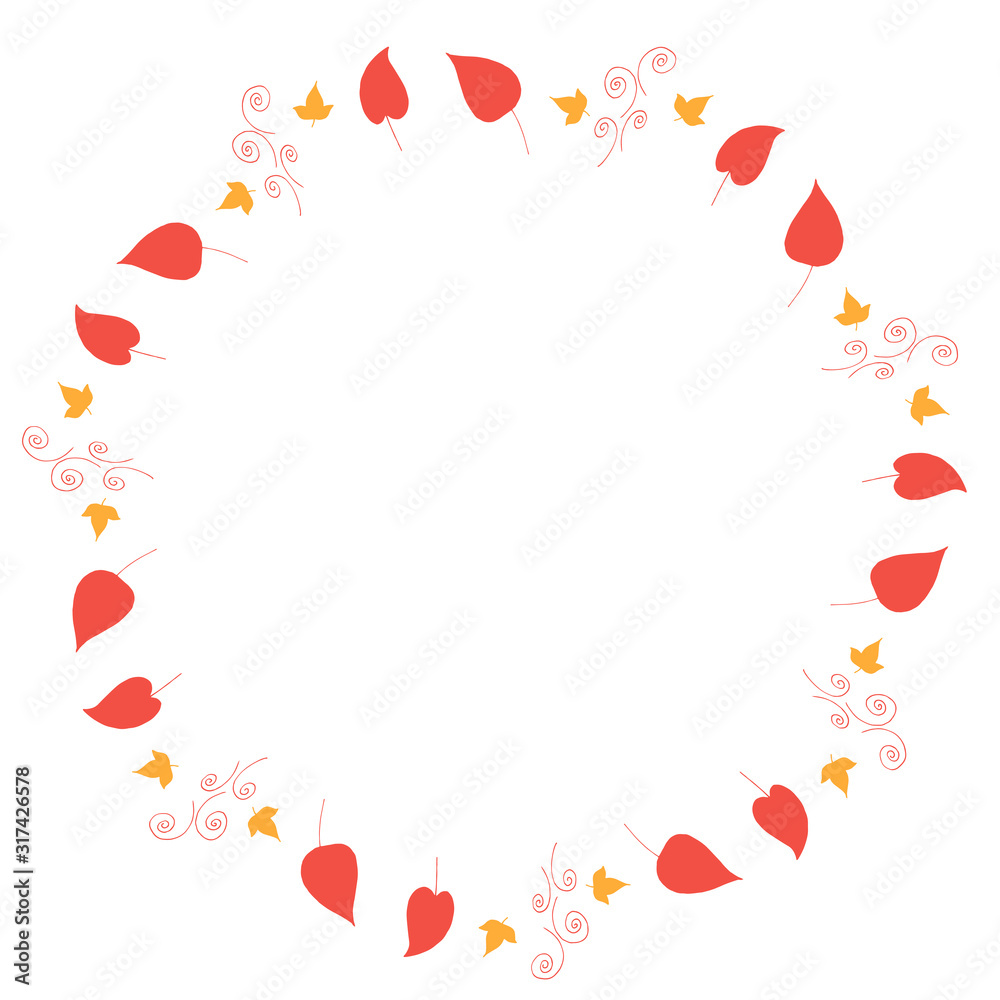 Round frame with big red leaves, little yellow leaves and decorative elements on white background. Isolated wreath for your design. Round frame with big red leaves, little yellow leaves and decorative elements on white background. Isolated wreath for your design.