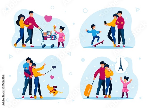 Family Life Routines and Recreation Trendy Flat Vector Concepts Set. Parents with Child Buying Groceries in Store, Shooting Selfie Photo with Phone, Going on Vacation Journey Isolated Illustrations