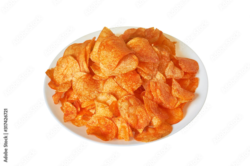 Round ceramic plate full of spicy fried potato chips isolated on white background without shadow. Close-up