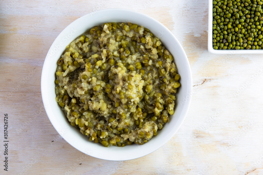Mung bean with white rice soup which is called Nokdujuk in Korea Mung bean with white rice soup which is called Nokdujuk in Korea