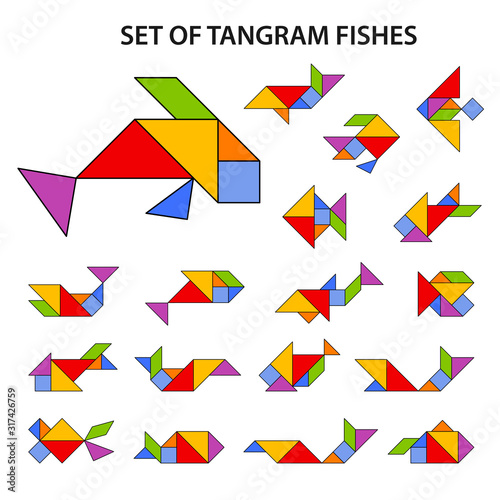 Set of vector tangram puzzles (geometric puzzle) for the development of logical thinking of children and adults. Collection of 18 color shapes of fishes. Vector illustration
