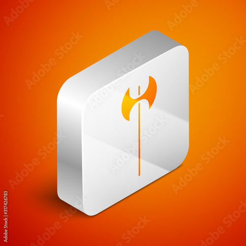 Isometric Medieval axe icon isolated on orange background. Battle axe, executioner axe. Medieval weapon. Silver square button. Vector Illustration
