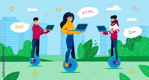 Digital Era Professions, Geek Culture Trendy Flat Vector Concept. Female and Male Programmers, IT Industry Freelancers, Students Using Laptop, Writing Code, Riding Unicycles in City Park Illustration
