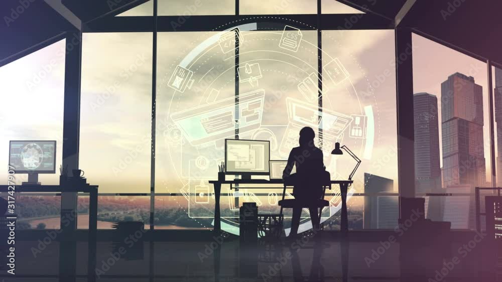 Web developer works at the computer on a background of infographics.