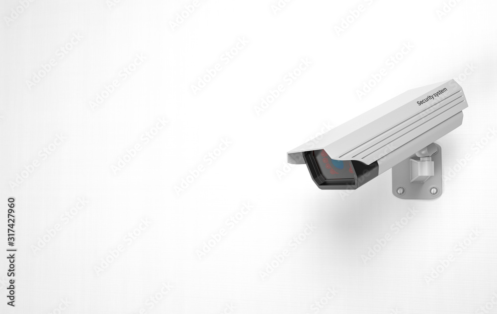 White CCTV camera on the wall. 3d rendering illustration White CCTV camera on the wall. 3d rendering illustration