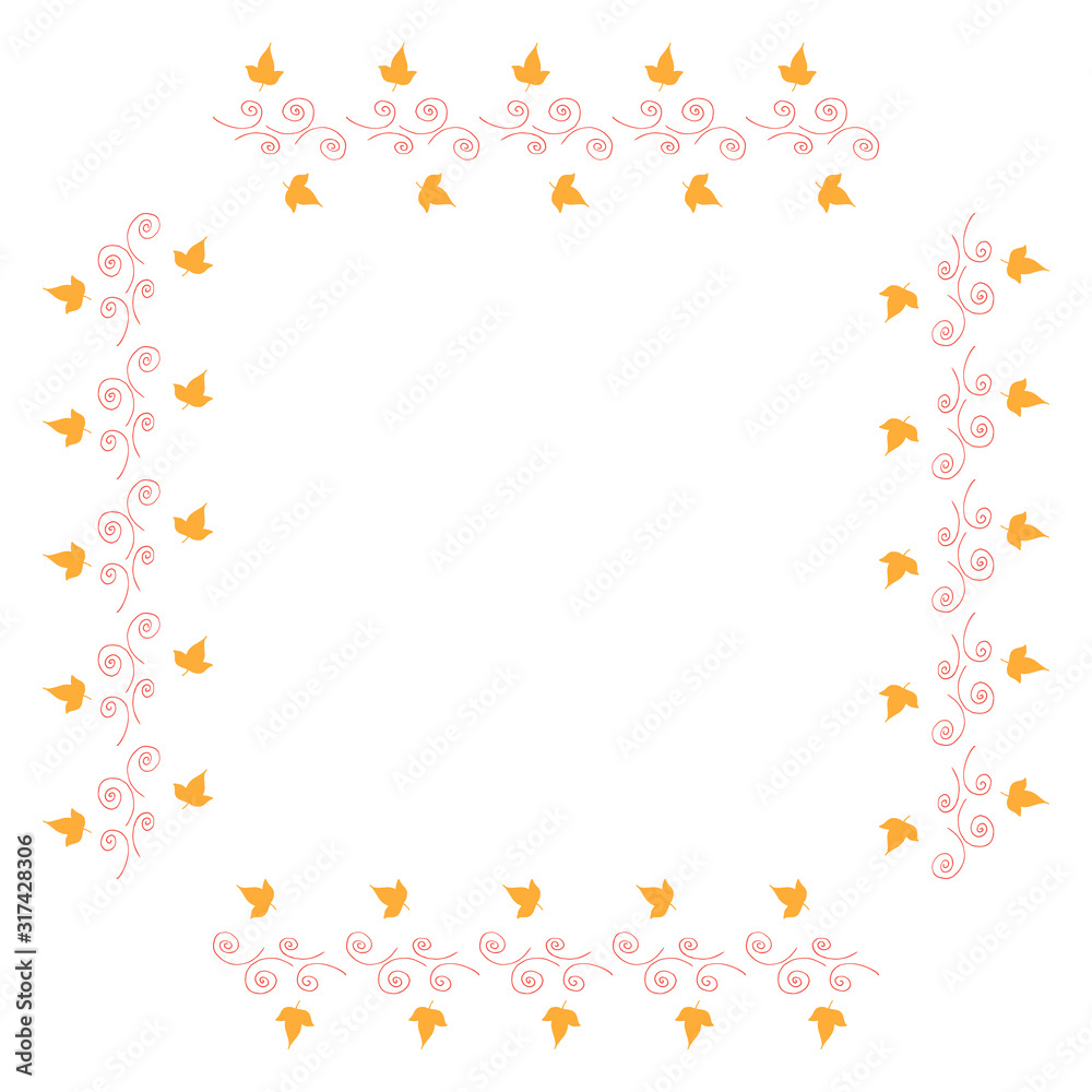 Square frame with horizontal little yellow leaves and decorative elements on white background. Isolated wreath for your design.