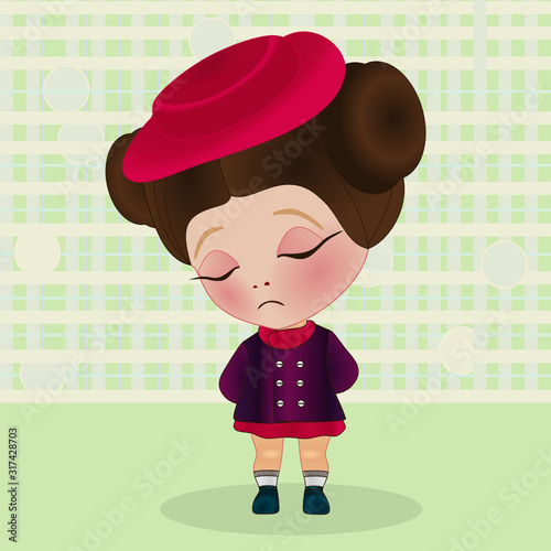 an emoticon with a cool offended girl that stands with its eyes closed and hands clasped behind its back, vector color illustration on checkered background