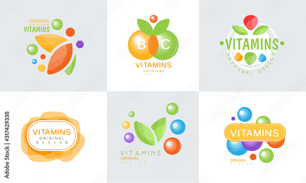 Vitamins Original Design Logo Collection, Healthy Life, Natural Medicine Labels Vector Illustration