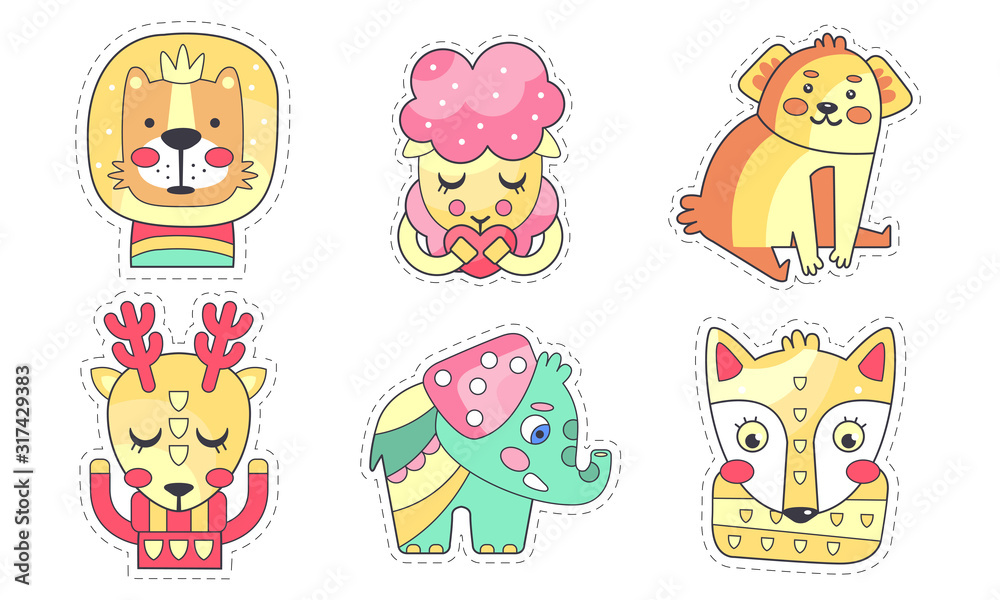 Lovely Different Animals Collection, Cute Colorful Cloth Patches, Embroidery or Applique for Kids Clothing Decoration Vector Illustration