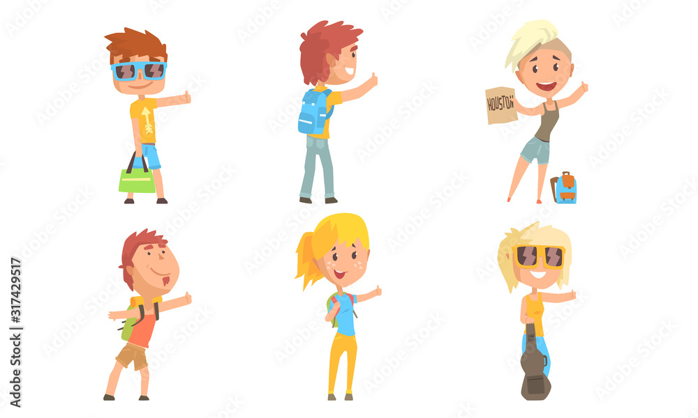 Young People Travelling by Autostop Collection, Male and Female Tourists Characters Hitchhiking Vector Illustration