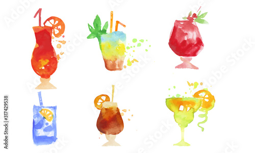 Colorful Cocktails Collection, Summer Alcoholic Drinks Watercolor Hand Drawn Vector Illustration