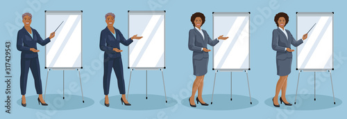Set of young and mature African American business woman is pointing to flip chart. Smiling businesswoman standing is near to presentation whiteboard. Teacher. Set of isolated vector illustration.