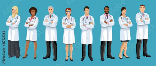 Big set of male and female doctors different nationalities. Men and woman medical staff are standing crossed arms. European, Asian, African American, Arab hospital employees. Isolated vector
