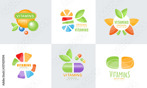 Vitamins Original Design Logo Collection  Healthy Life  Natural Medicine Colorful Labels Vector Illustration