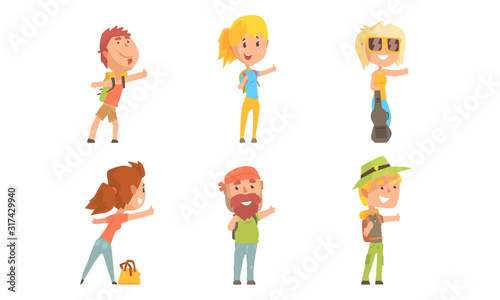 People Travelling by Autostop Collection, Male and Female Tourists Characters Hitchhiking Vector Illustration